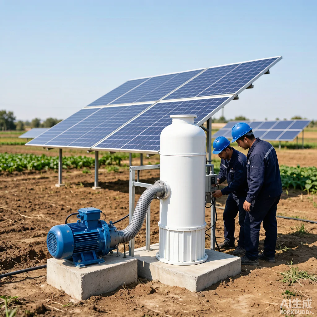 Professional solar submersible pump system installation showing DC and AC/DC hybrid pump technology comparison in agricultural field setting
