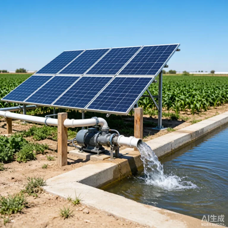 Solar water pump installation at agricultural farm with panels array water flowing into irrigation canal demonstrating clean energy ROI and cost savings