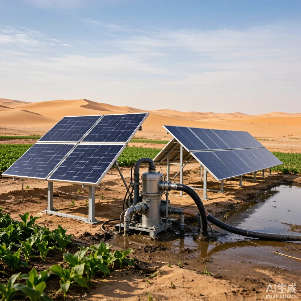 Middle East solar water pump installation in desert agricultural landscape with solar panels