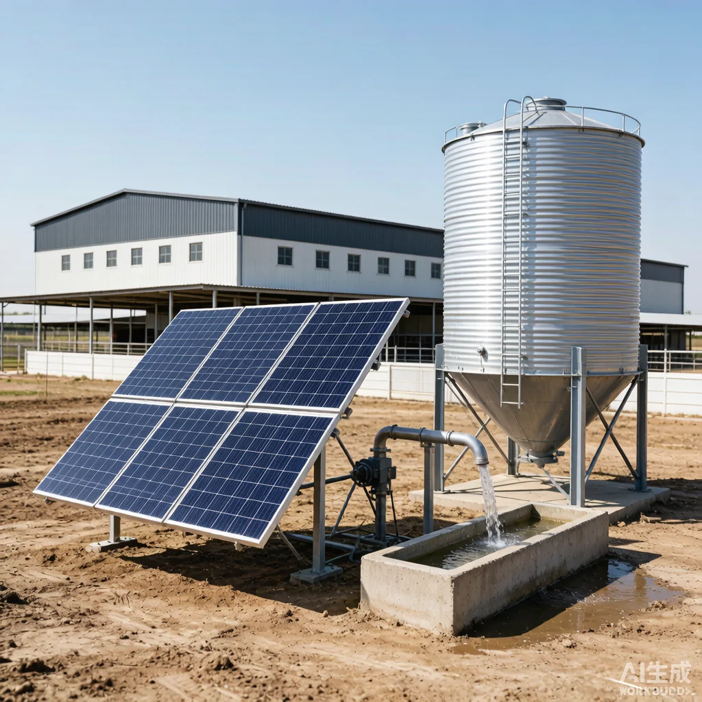 Solar water pump supplying drinking water to a modern poultry farm with storage tank and panels
