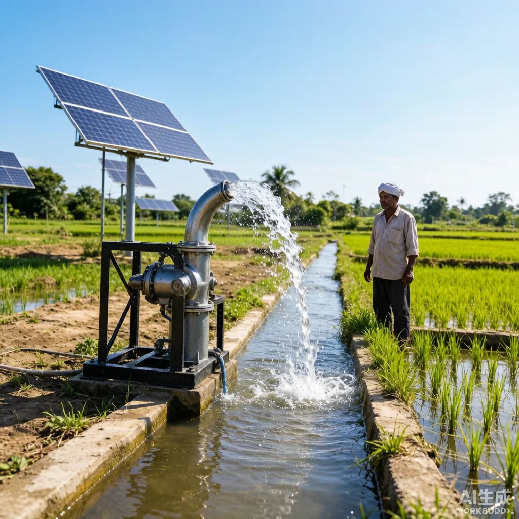 Solar water pump irrigating a green paddy field in South Asia with solar panels mounted nearby