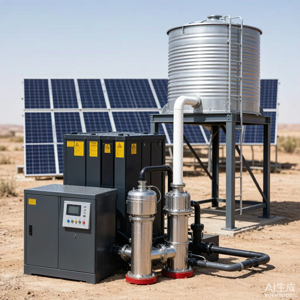 Solar water pump system with lithium battery bank and charge controller supplying water storage tank in remote installation