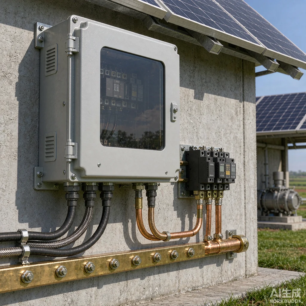 Solar water pump controller cabinet with copper grounding wire and lightning surge protector installed on a rural farm pump house
