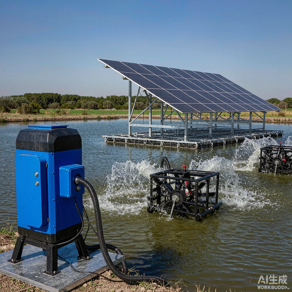 Solar water pump and solar panel array supplying aeration equipment at a fish farm pond with floating aerators running