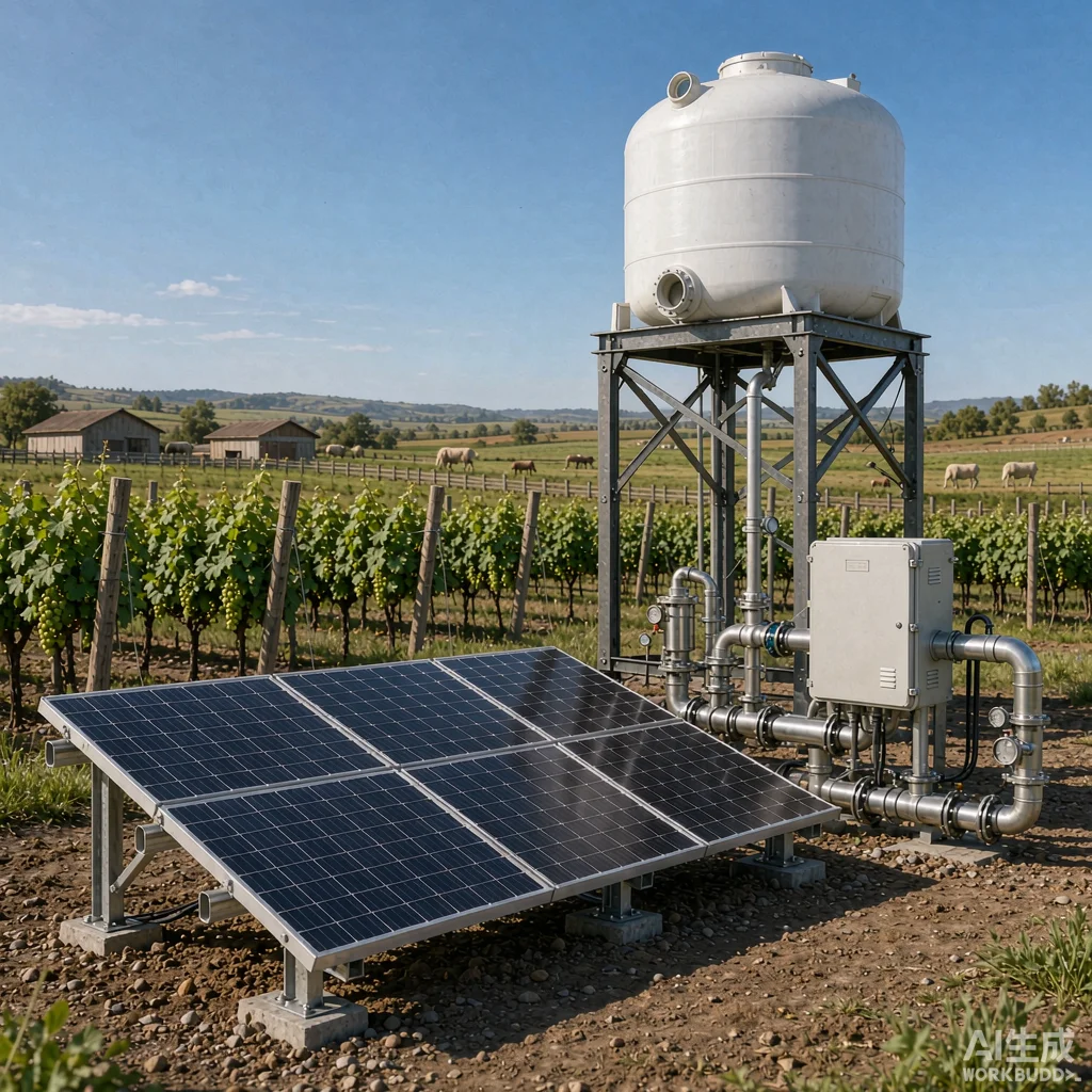 Solar water pump and photovoltaic array supplying a European vineyard and livestock farm with elevated water tank under clear sky
