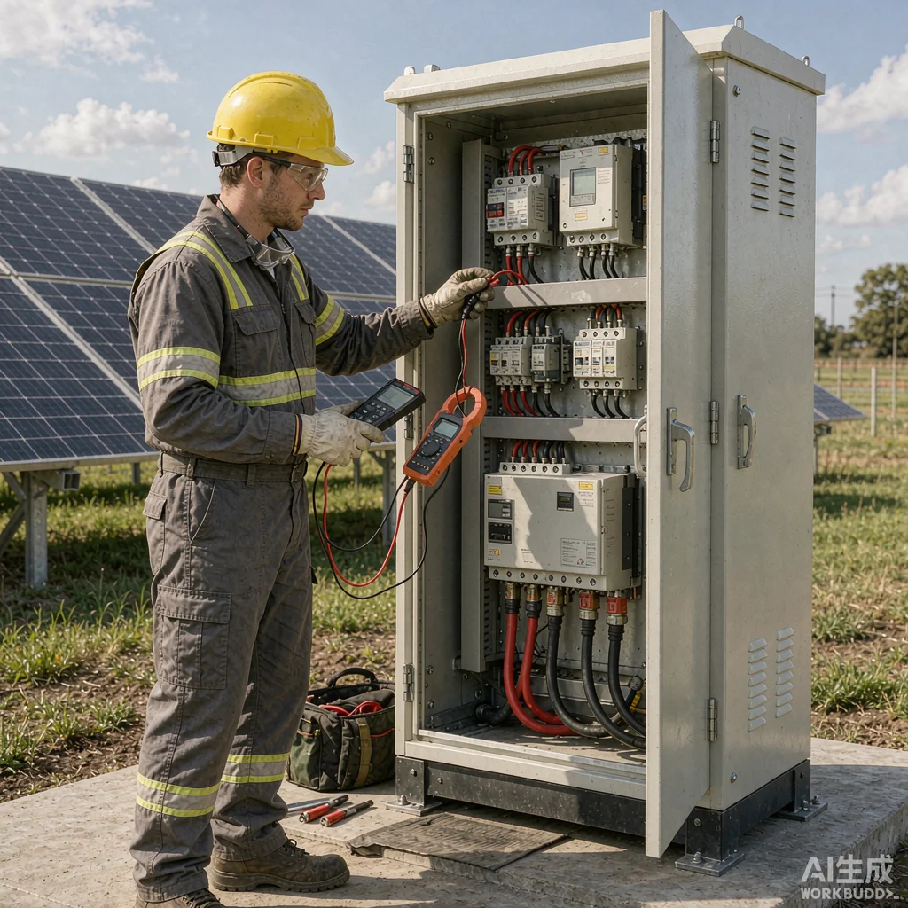 Technician commissioning a solar water pump controller cabinet with multimeter and PV array on a farm during system acceptance test