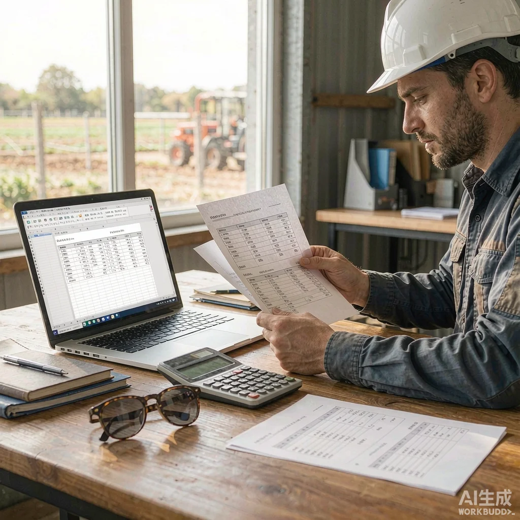 Engineer comparing a solar water pump quotation with a diesel pump fuel cost spreadsheet on a farm office desk showing payback calculation