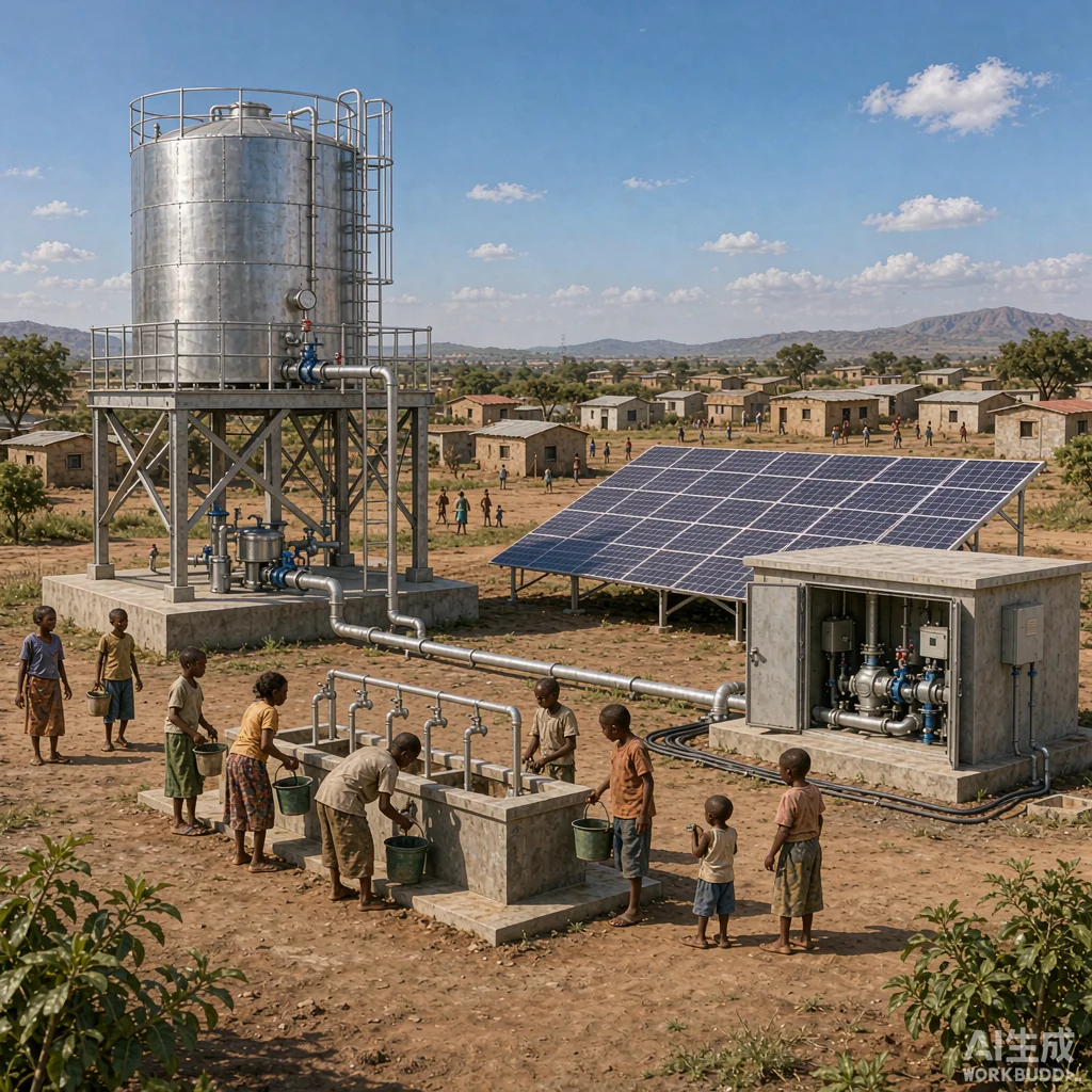 Solar powered water pumping system supplying a rural village with an elevated steel water tank and public tap stand under clear blue sky