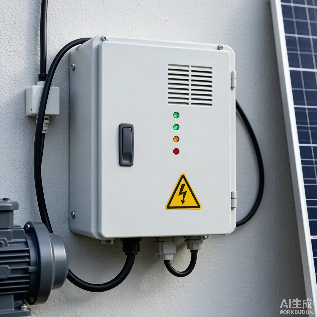 Solar pump inverter installation with proper enclosure ventilation and electrical connections