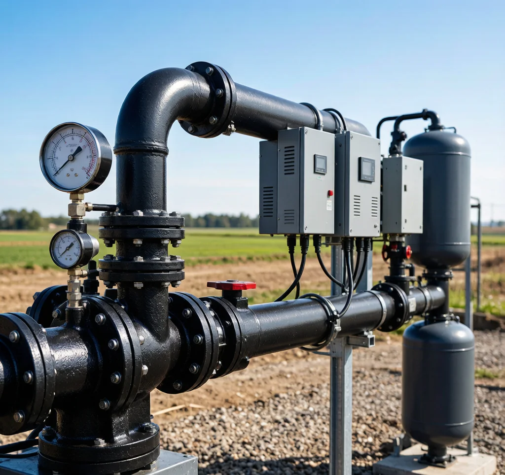 Solar pump water hammer protection surge tank installation on long pipeline system
