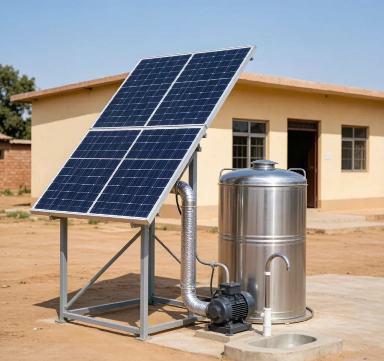 Solar water pump system installed at rural school providing clean drinking water