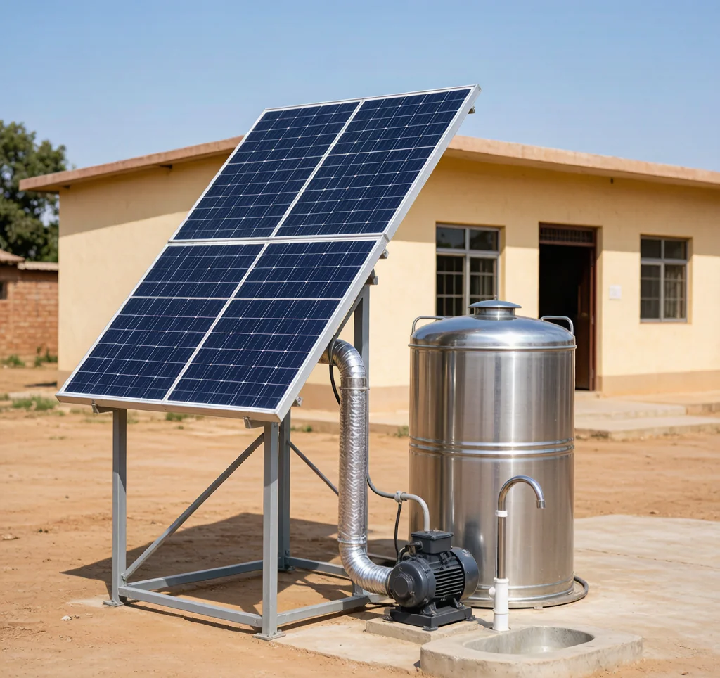 Solar water pump system installed at rural school providing clean drinking water