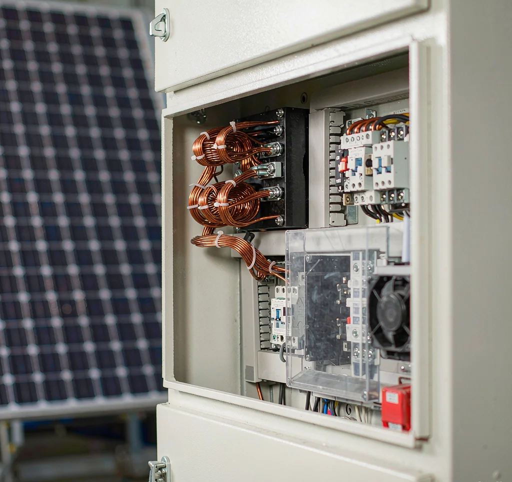 Solar pump VFD control cabinet with copper wiring and circuit breakers for harmonic distortion mitigation