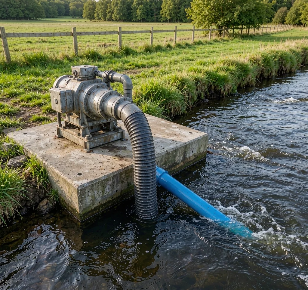 Solar surface pump drawing water from a river through a suction pipe beside a PV array