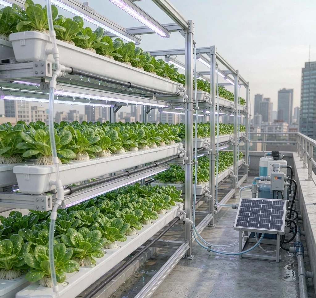 Solar water pump supplying drip irrigation on an urban rooftop vertical farm with rows of leafy green vegetables