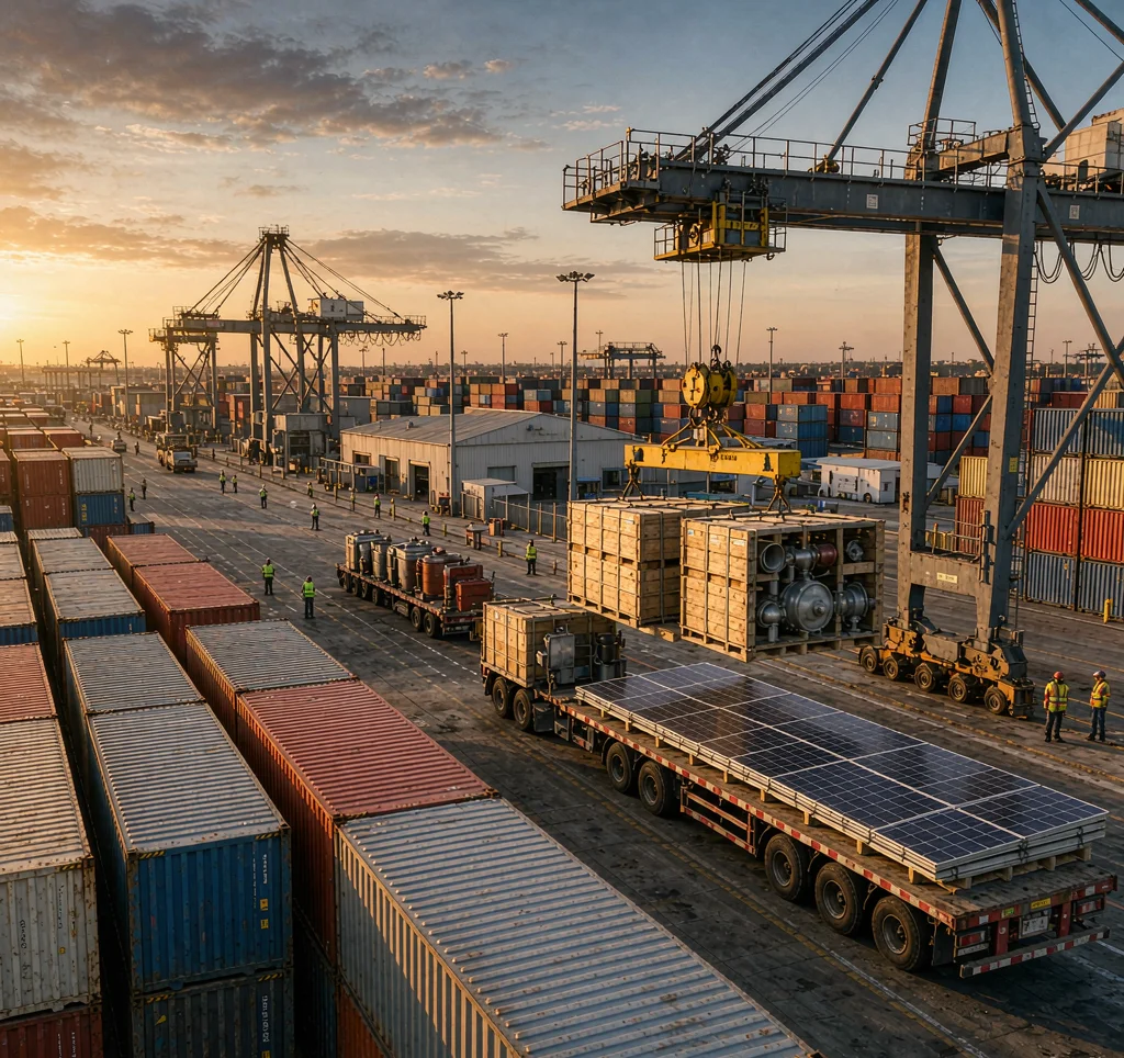 Container terminal loading crated solar water pump equipment and solar panels for international import export trade compliance