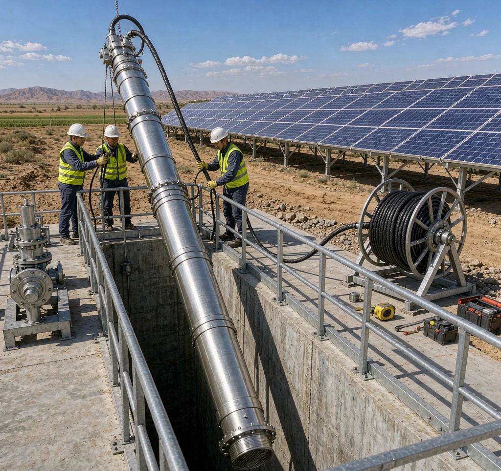Technicians lowering a stainless steel multistage solar submersible pump into a deep borehole with solar panel array behind