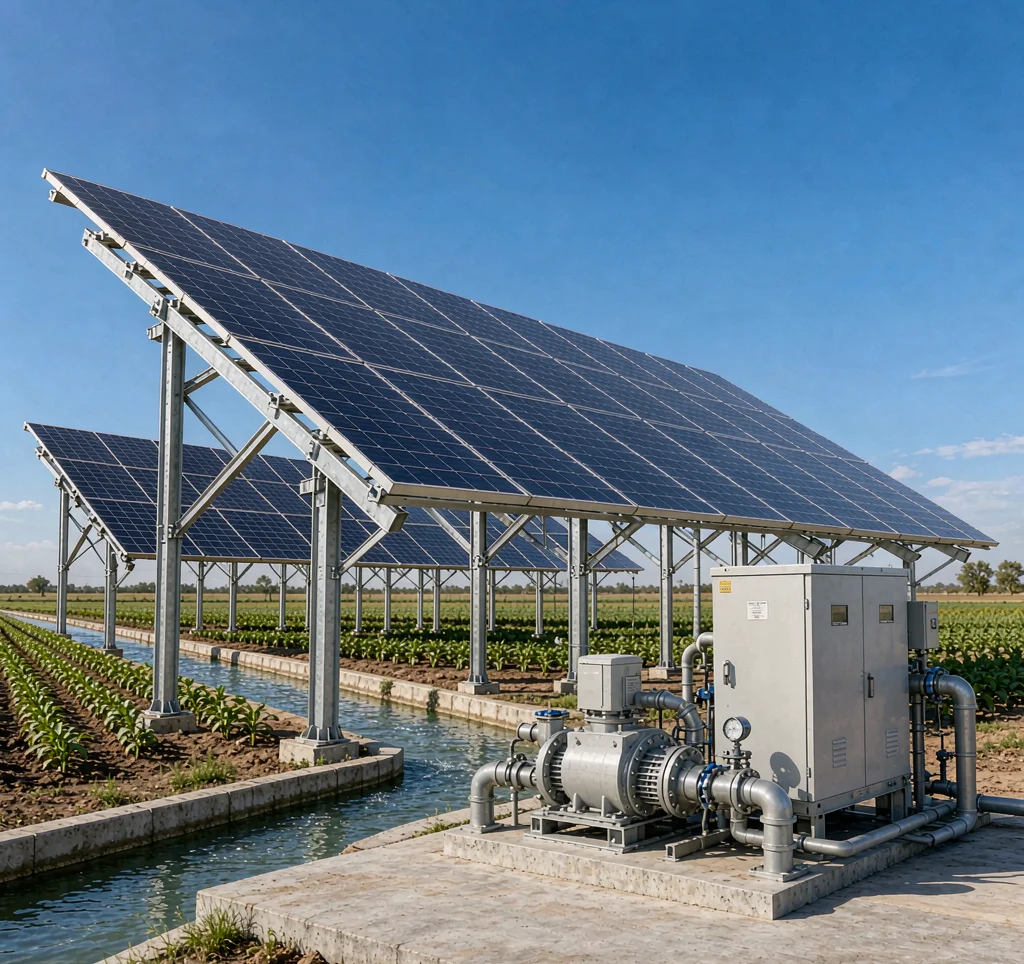 Solar photovoltaic panel array powering a solar water pump system beside an agricultural irrigation field