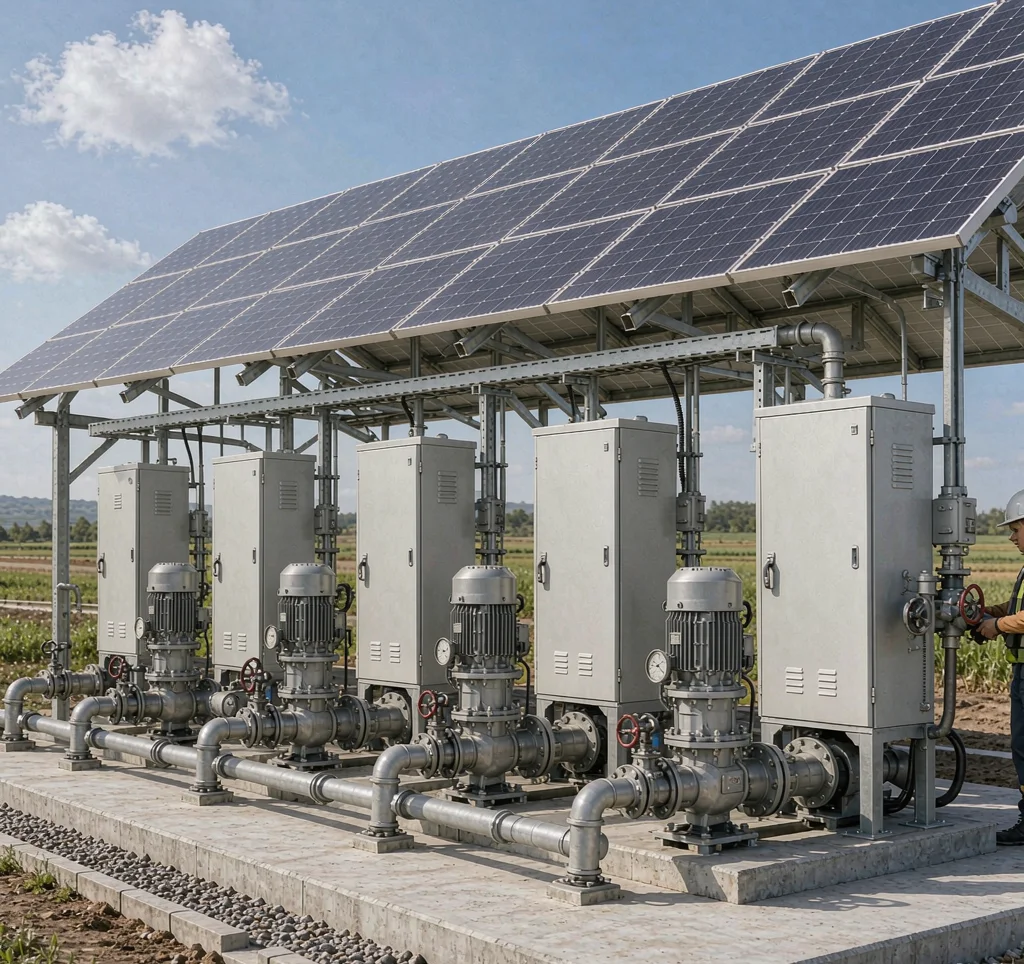 Multiple solar water pump units installed in parallel at a rural water pumping station with solar panels