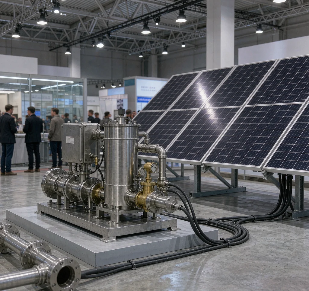 International tender exhibition showing KINBO solar water pump units and photovoltaic panels for rural water projects