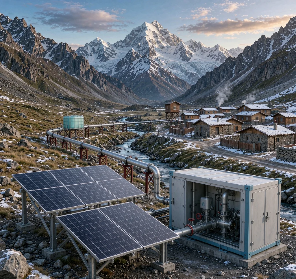 Solar water pump installation supplying a remote high-altitude mountain village with snow-capped peaks in background