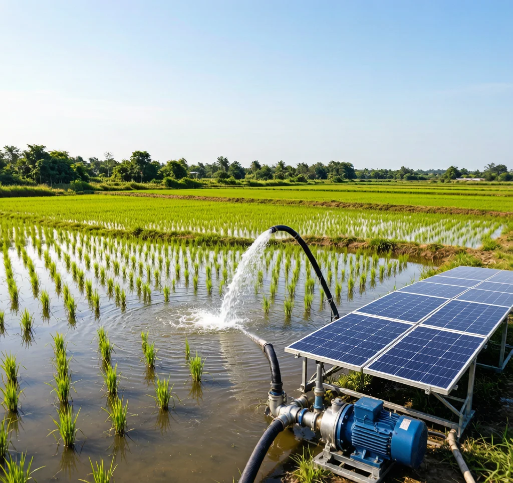 Solar powered water pump irrigating a flooded rice paddy field for high flow low head agriculture