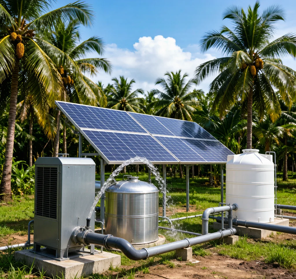 Solar powered water pump station supplying water for a tropical palm oil plantation with panels and tanks