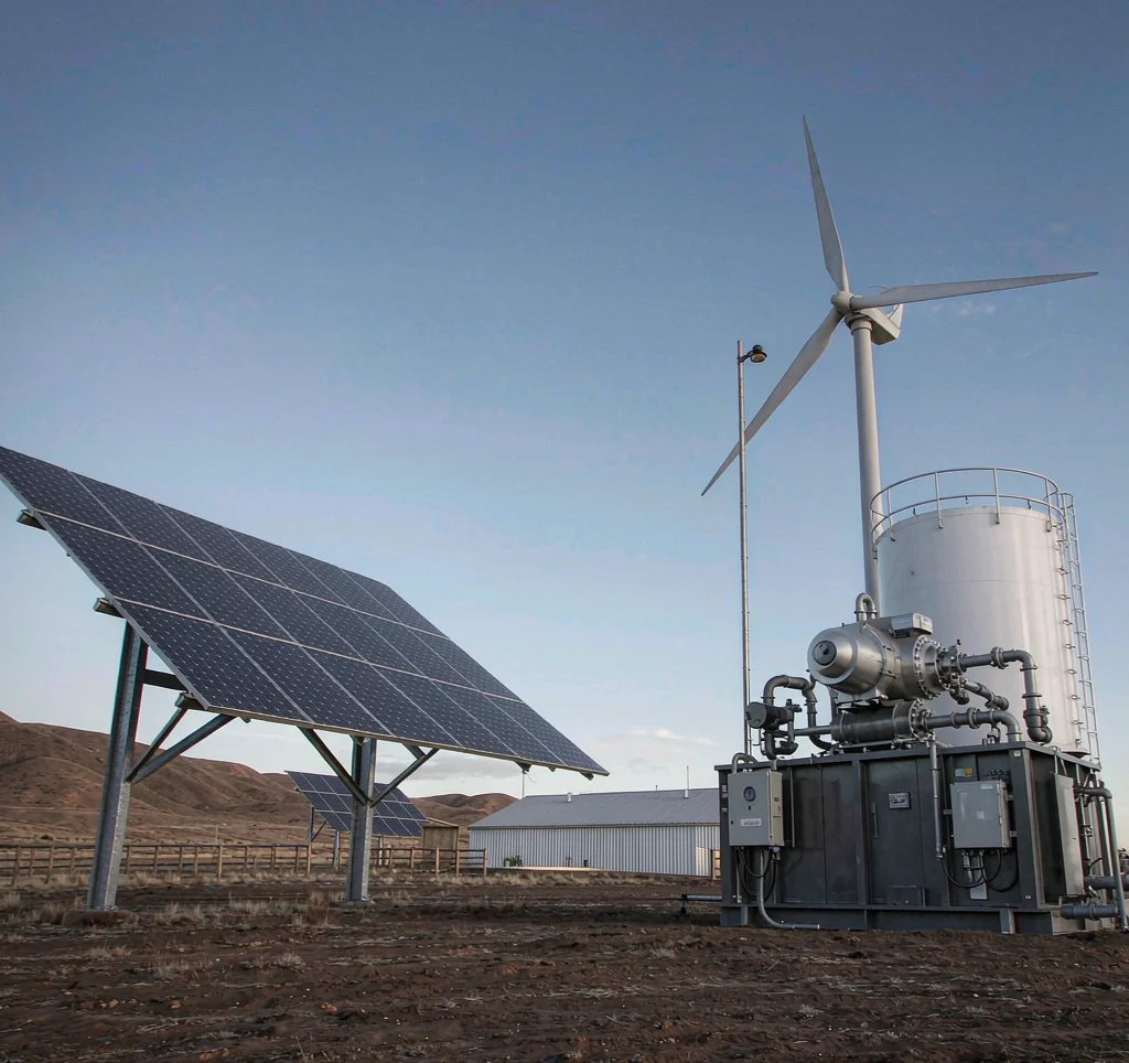 Wind solar hybrid water pumping system combining photovoltaic panels and a small wind turbine on a remote off-grid farm