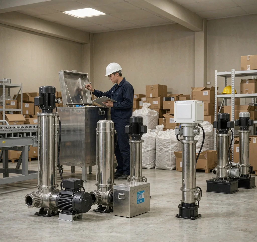 Solar water pump units staged for quality inspection and export in an industrial warehouse with an engineer checking a unit