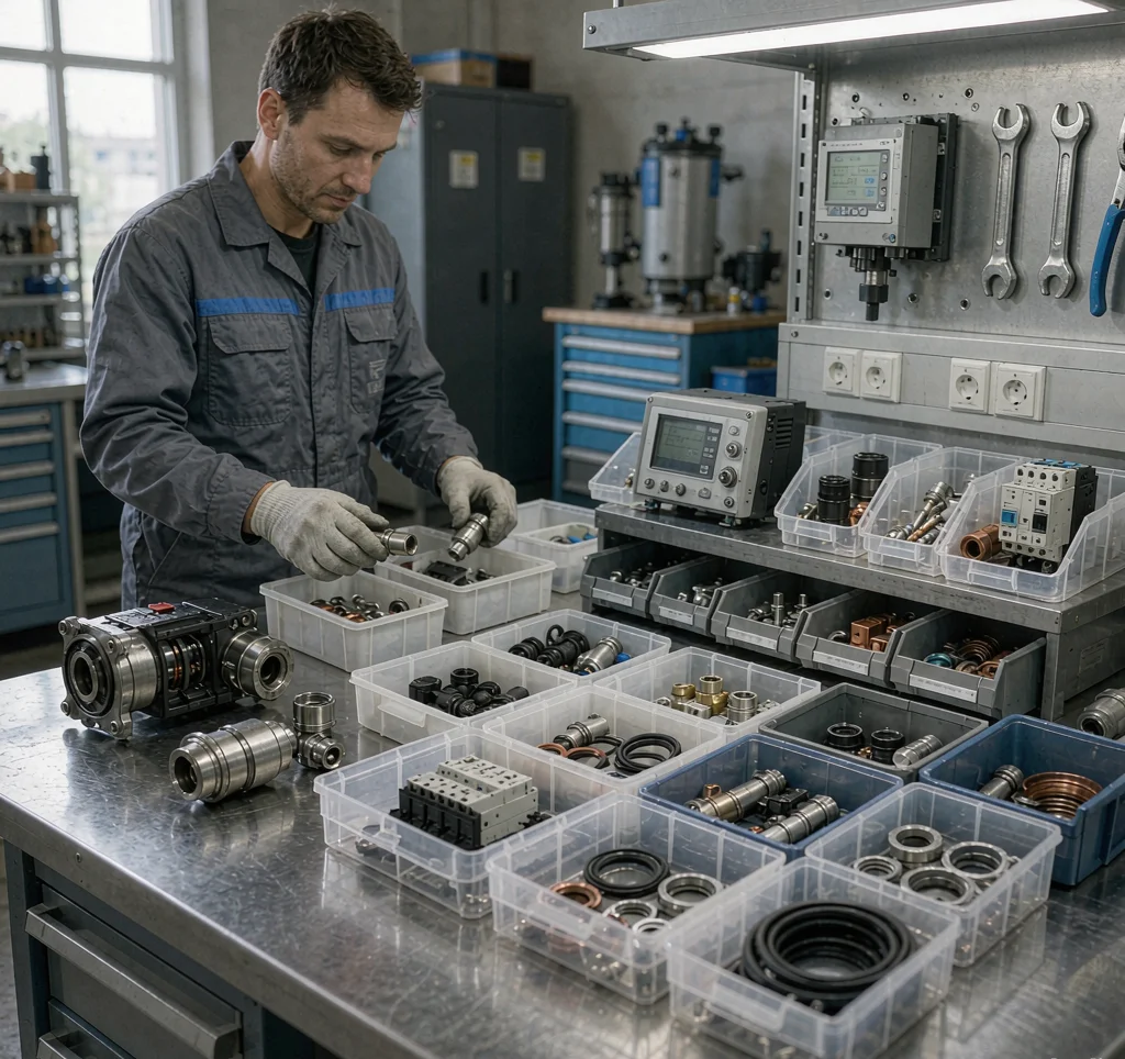 Solar water pump spare parts and maintenance inventory laid out on a technician workbench