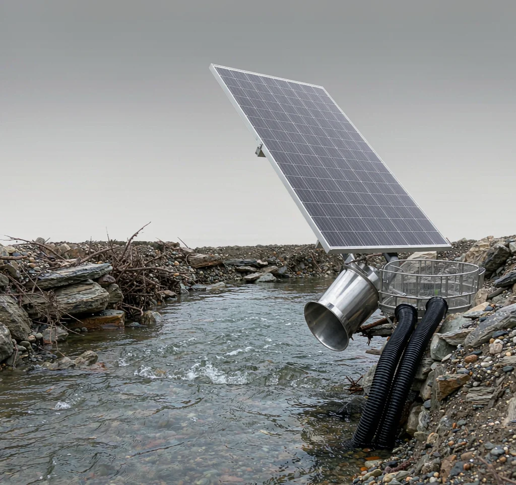 Solar water pump drawing water from a natural river with photovoltaic panels and an intake strainer on the bank