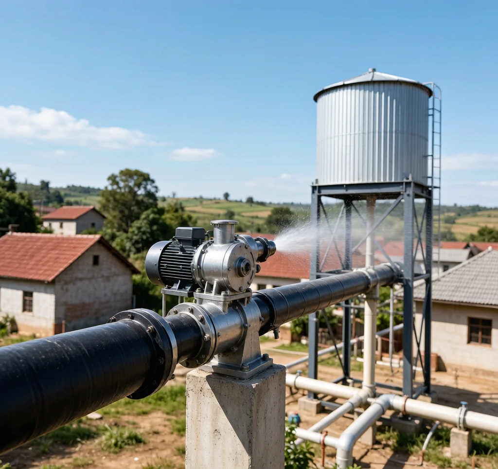 Solar water pump pressurizing a rural water distribution network with an elevated tank and pipeline to houses