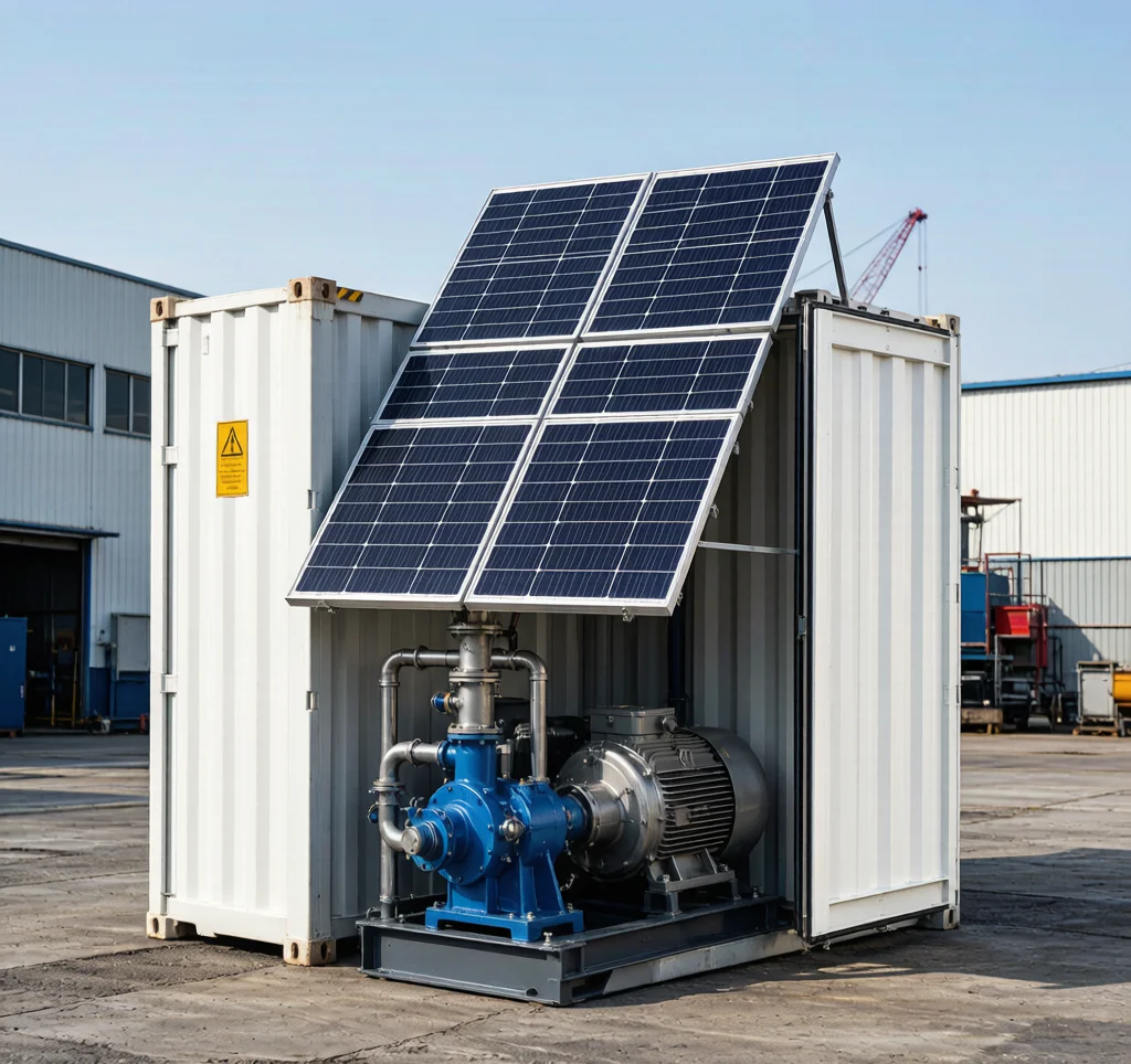 Containerized and skid-mounted solar water pump package with panels and pump skid ready for deployment