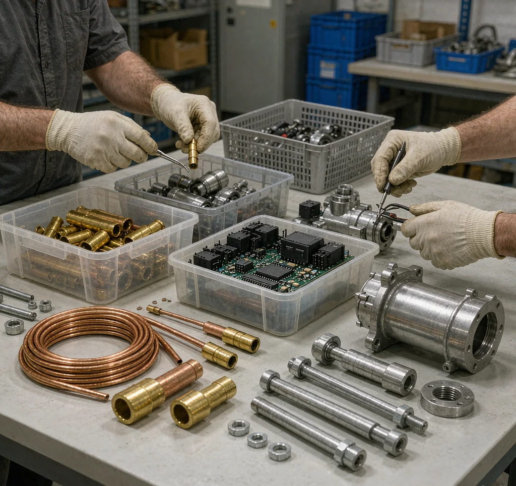 Solar water pump components sorted for recycling with separated copper steel and electronic modules on a workbench