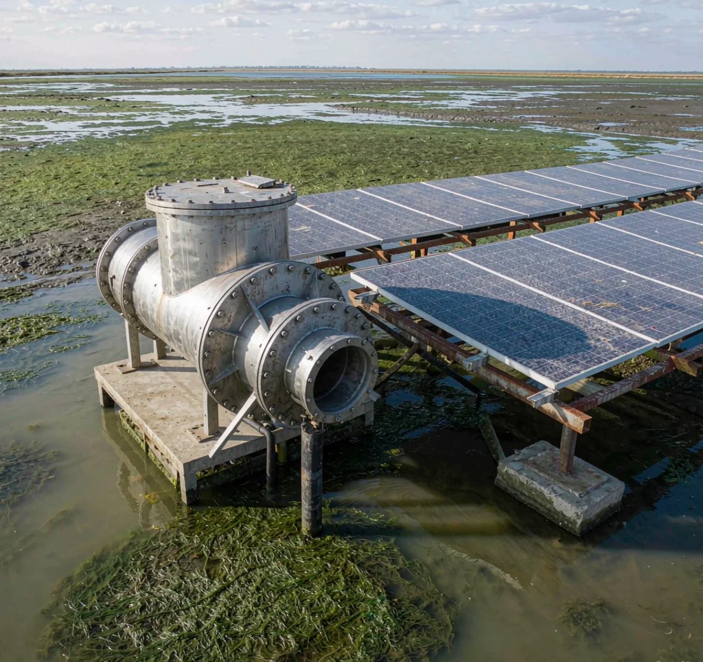 Solar water pump drawing brackish water from a saline coastal lagoon with photovoltaic panels nearby