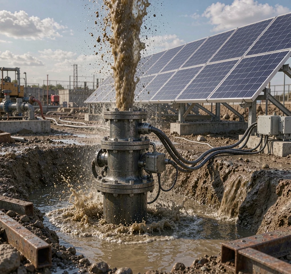Heavy-duty solar submersible pump lifting muddy sediment-laden water at a construction dewatering site with photovoltaic array