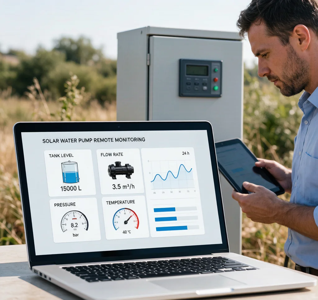 Technician monitoring solar water pump telemetry dashboard on a laptop beside a photovoltaic pump controller
