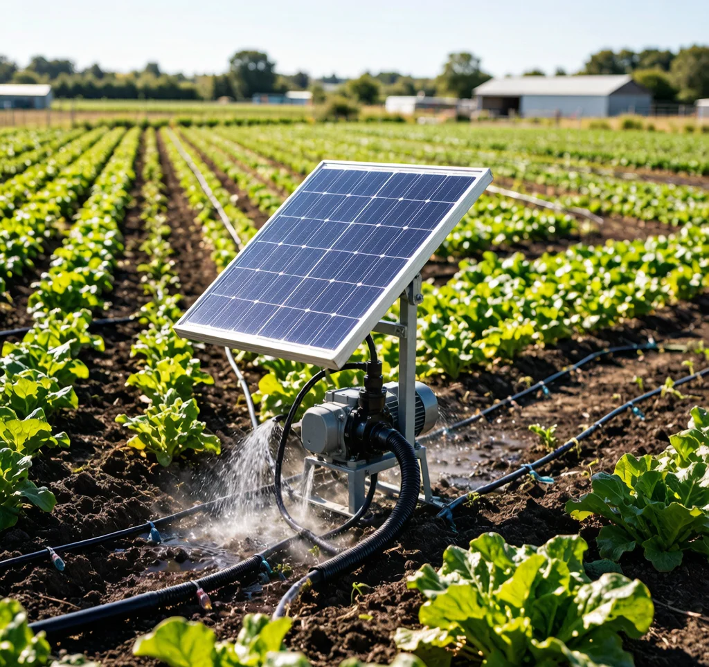 Solar water pump irrigating rows of vegetable crops on a horticulture market garden with drip lines and photovoltaic panels