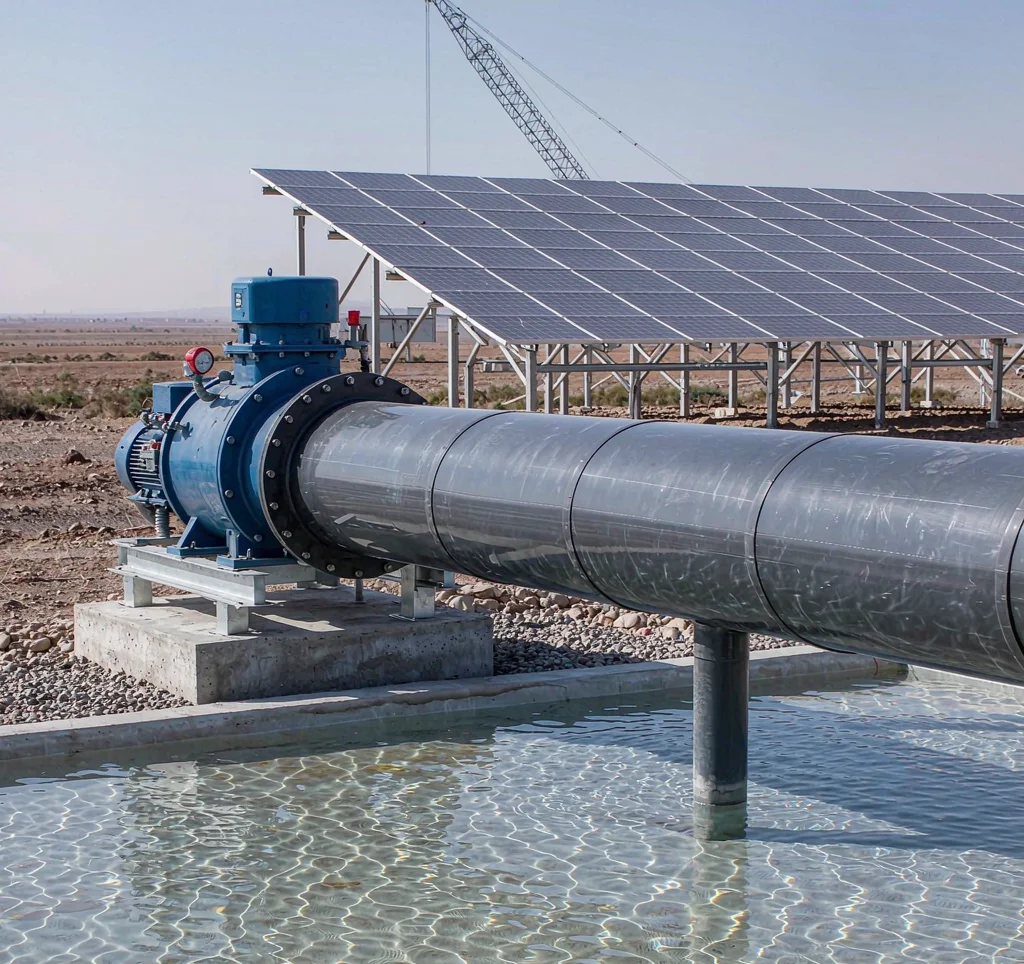 Solar water pump connected to a large diameter delivery pipeline crossing farmland toward a storage tank