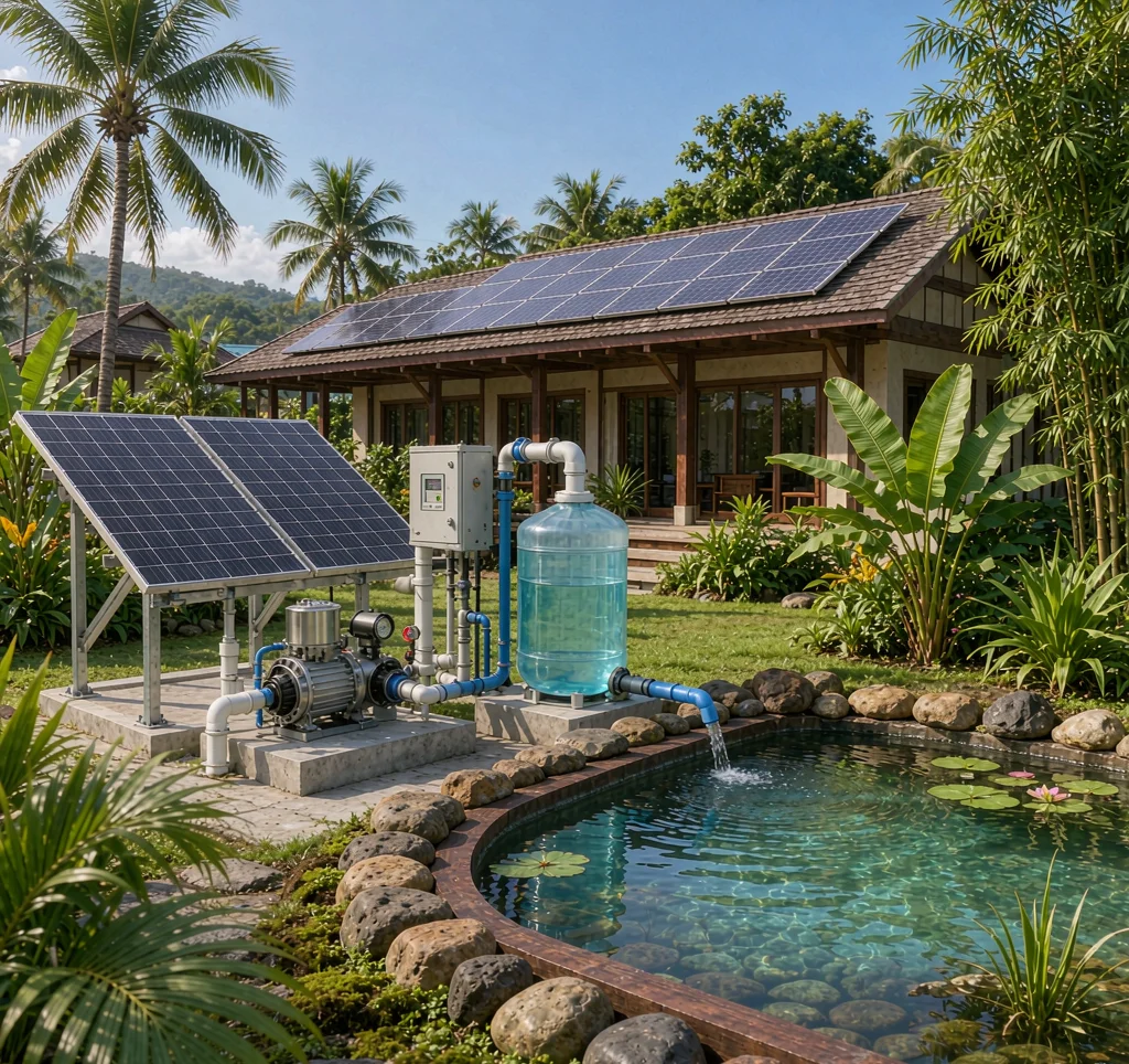 Eco-tourism lodge with a solar water pump supplying a storage tank and ornamental pond, photovoltaic panels on the roof
