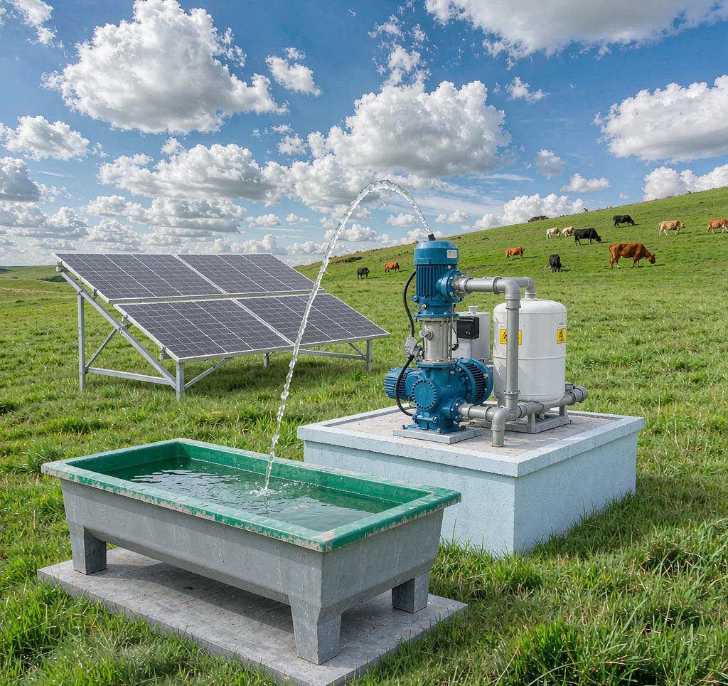 Solar water pump filling a livestock watering trough in a green pasture with a photovoltaic array nearby