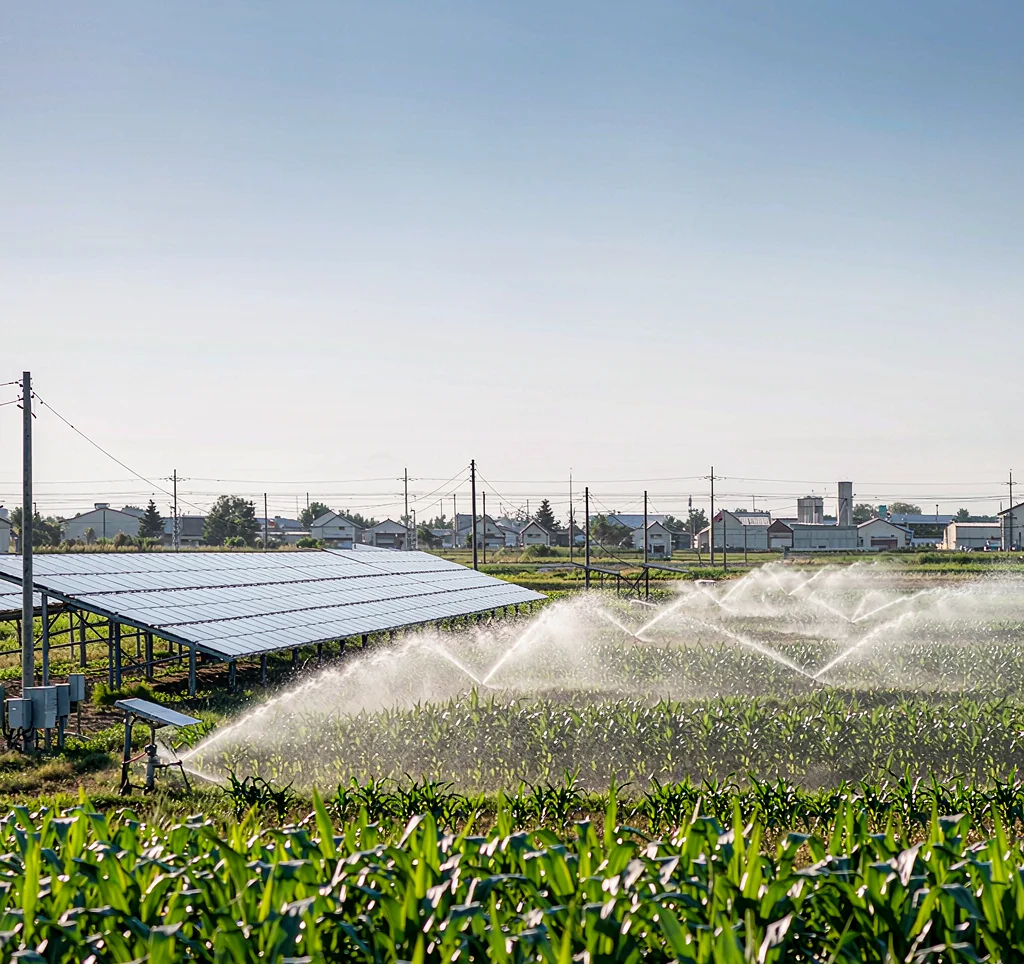 Solar water pump driving an impact sprinkler irrigation system with water spray arcs over a row-crop field