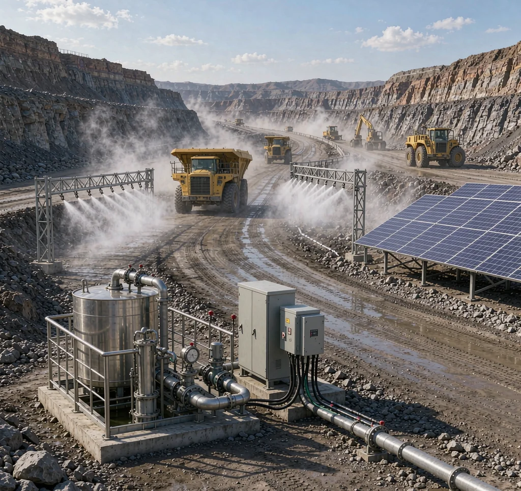 Solar water pump supplying a dust suppression mist system over a haul road at a quarry with heavy machinery