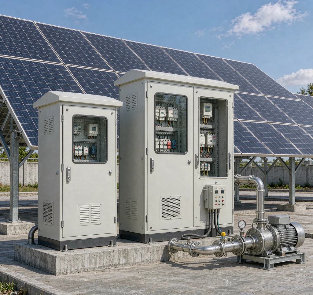 Solar water pump system with a variable frequency drive control panel and electrical cabinet beside a solar array