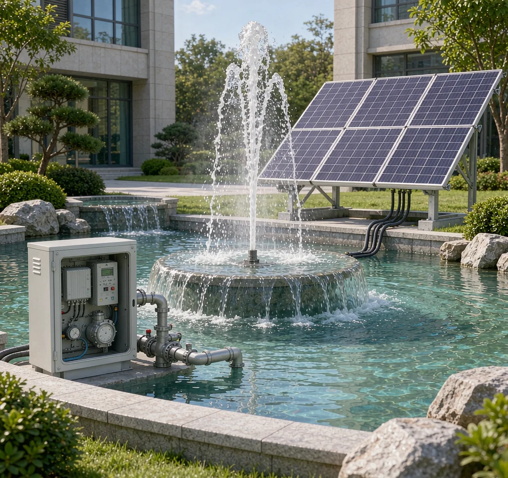 Solar water pump supplying a garden fountain and landscape water feature with solar panels nearby