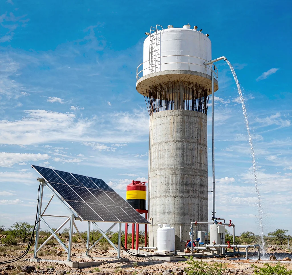 Solar water pump lifting water to a high elevated storage tank on a tower with solar panels at the base