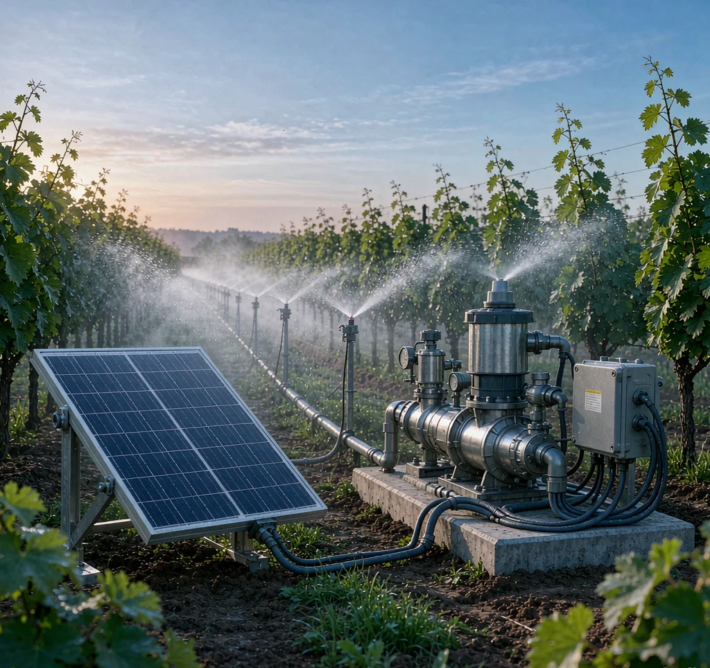Solar water pump running micro-sprinklers for frost protection over a vineyard or orchard at dawn