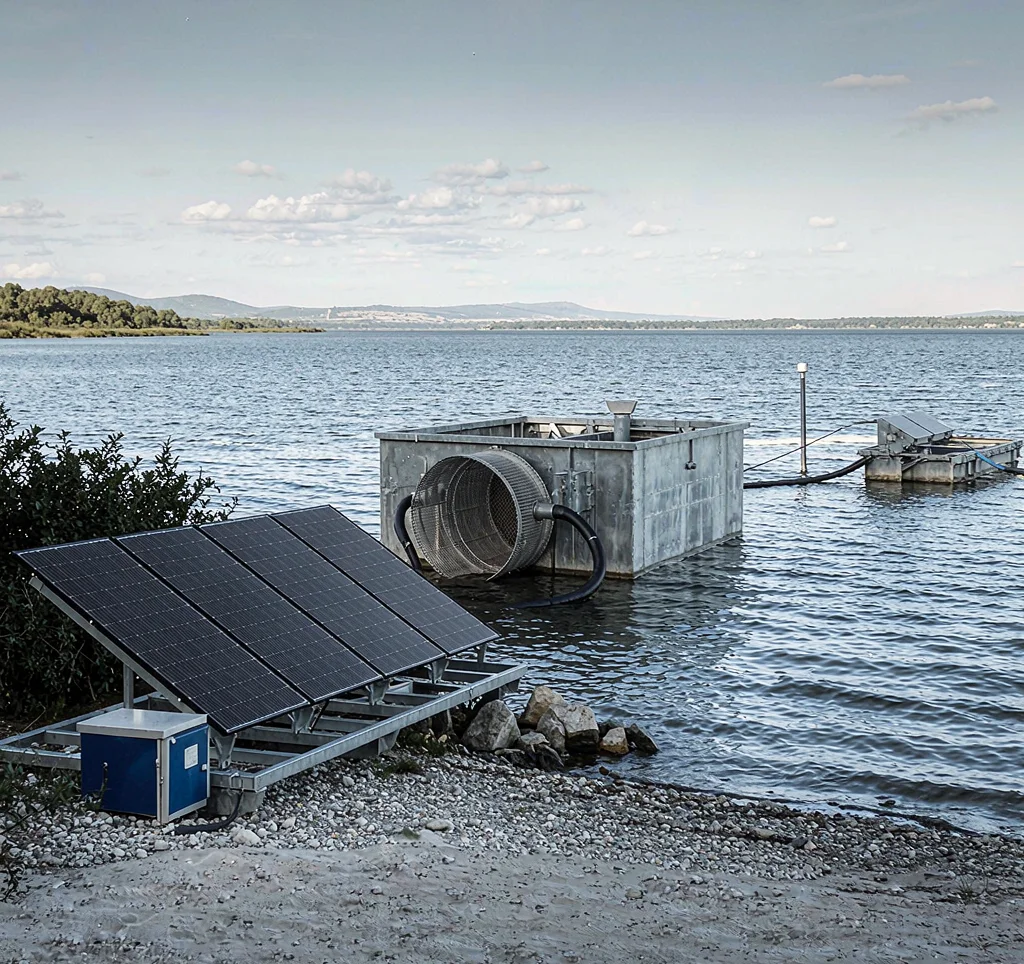 Solar water pump with a floating intake pontoon drawing water from a lake or reservoir