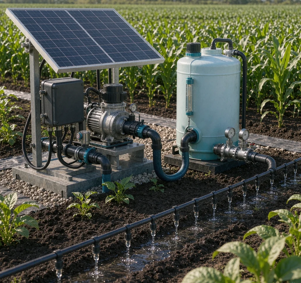 Solar water pump running a low-flow micro-dosing fertigation system through drip emitters with a fertilizer tank