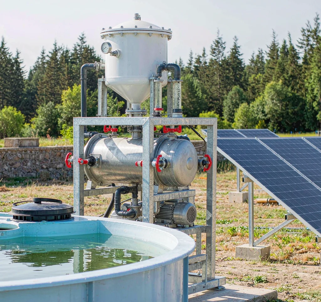 Solar water pump reusing wastewater and greywater at a reuse tank with filtration